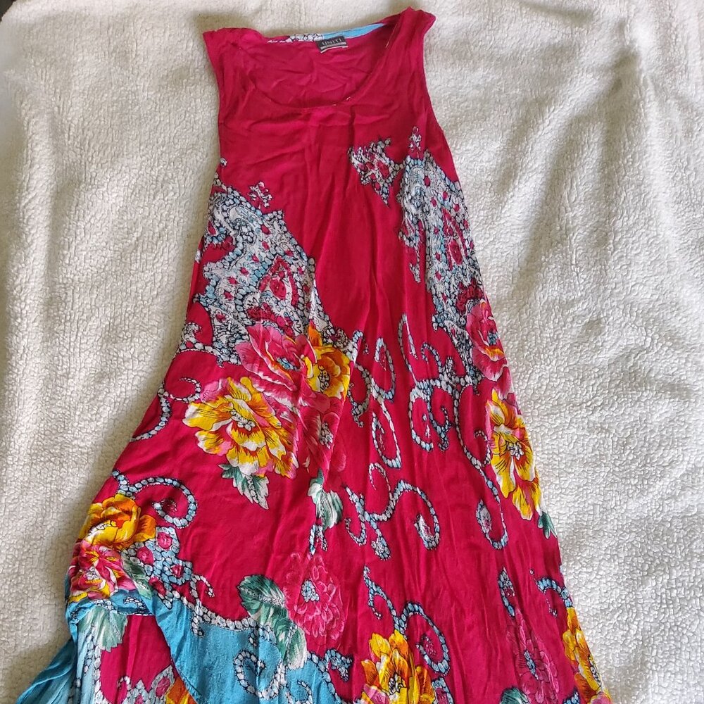 Vibrant Boho Sleeveless Maxi Dress Pink & Blue Floral Paisley Asymmetrical Dress